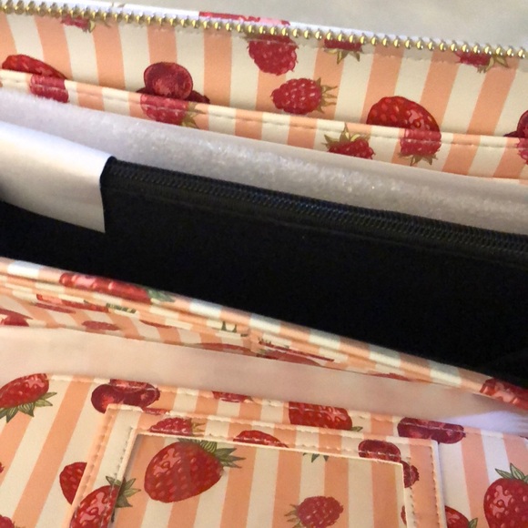 Betsey Johnson Red Multi Berry & Peach Striped Faux Leather ZA Wallet NWT